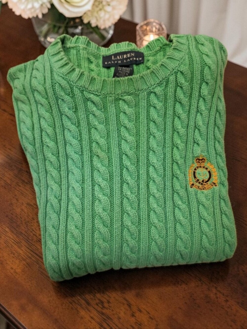 Ralph Lauren Women's Green Cable-Knit Crest Crewneck Sweater Size-Small